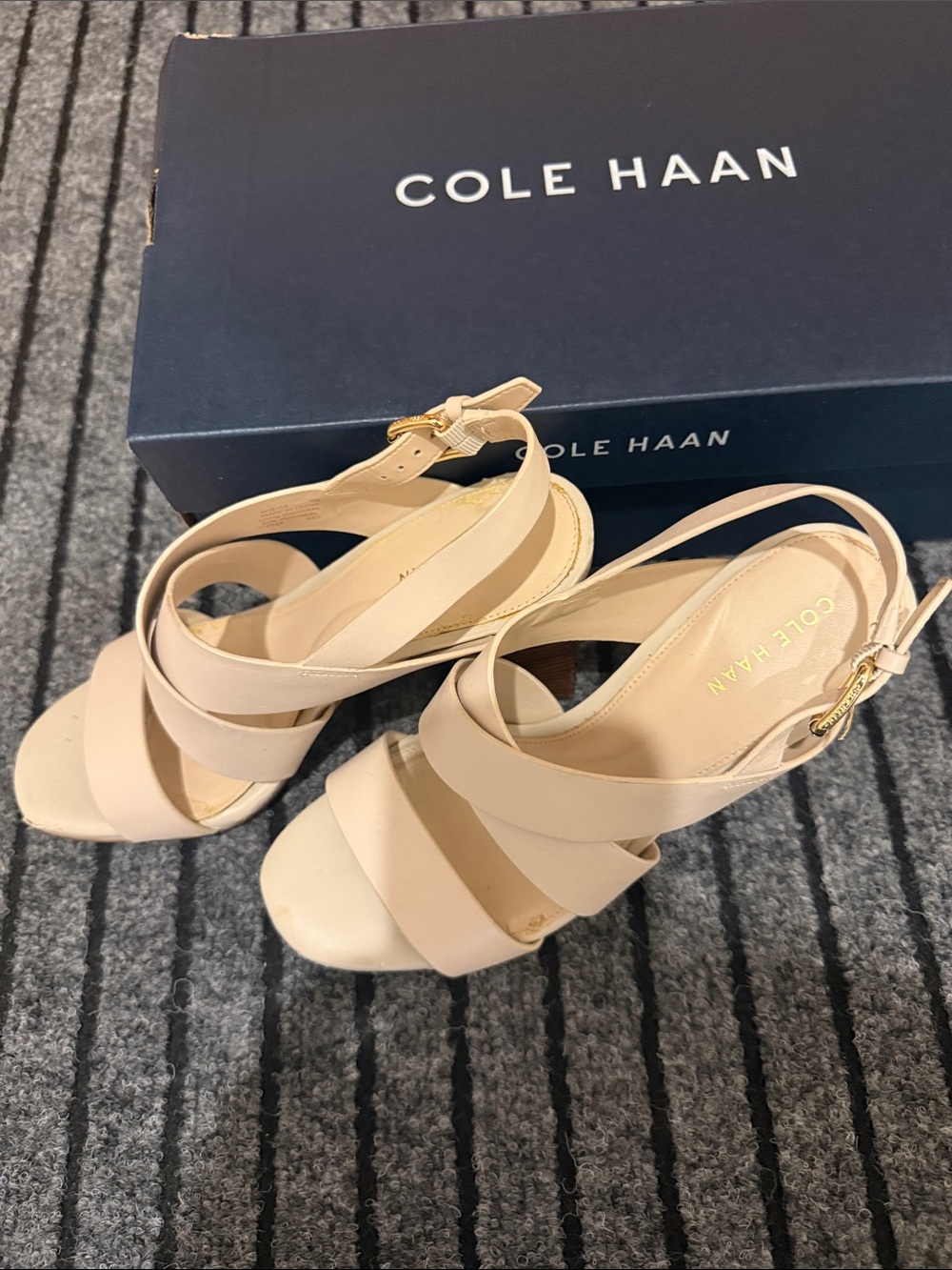Cole Haan Nude Crisscross Slingback Heels with Gold Buckle